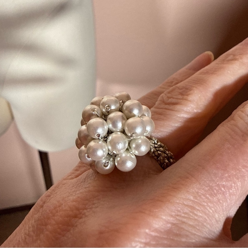 Vintage Y2K Glass pearl cluster Silver Oversized Ring adjustable